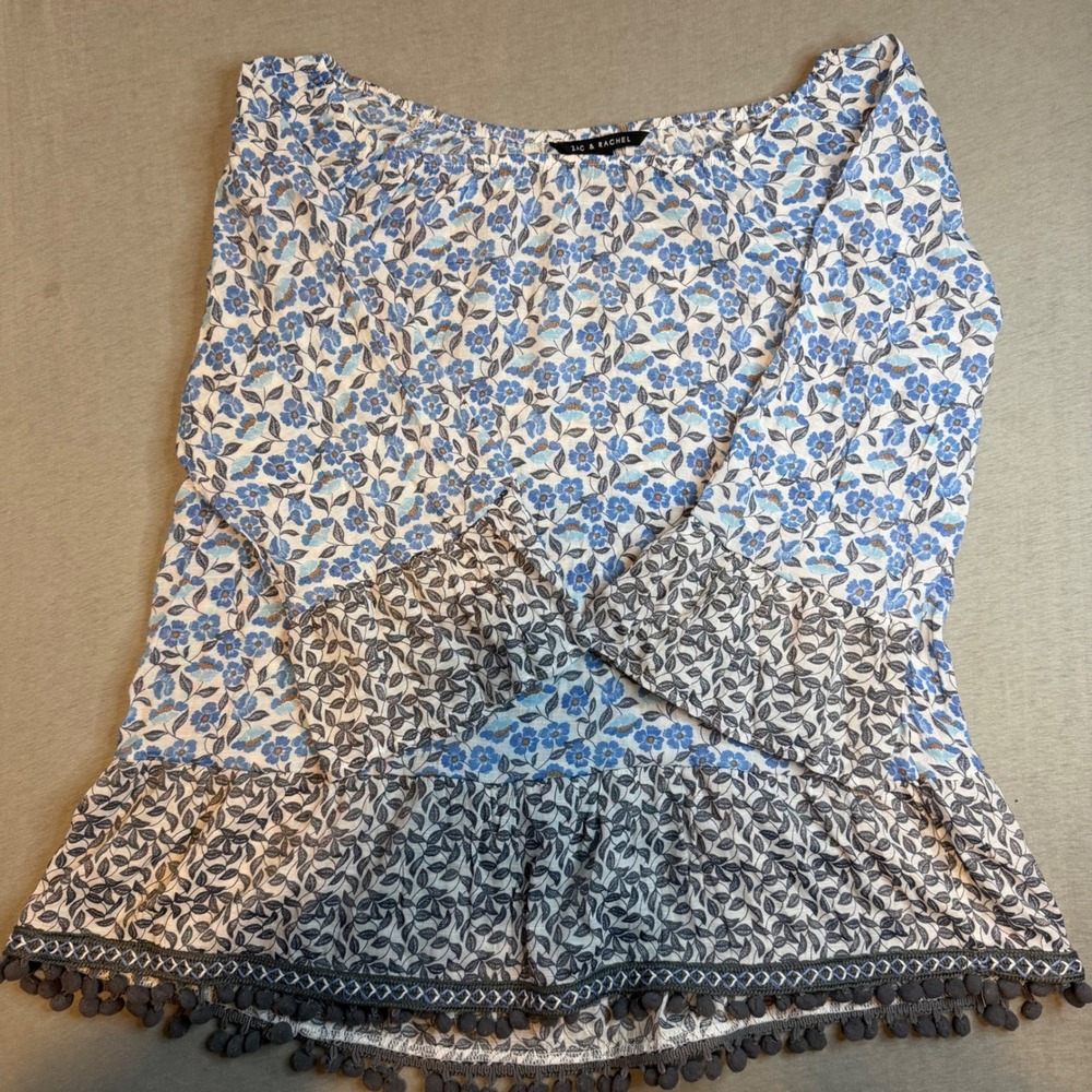 Zac & Rachel Blue Floral Off Shoulder Bell Sleeve Pom Pom boho Blouse Small
